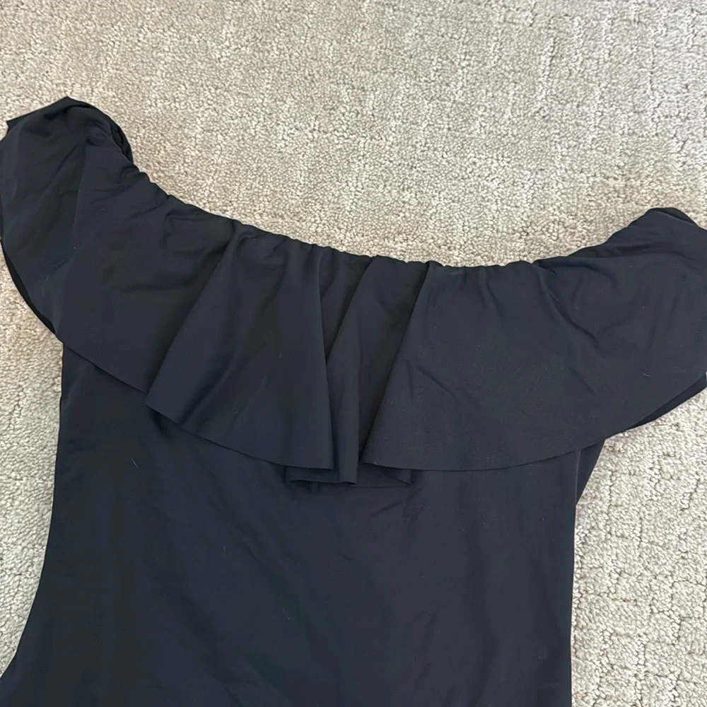 NEW NWT Trina Turk Black off shoulder ruffle one piece swimsuit modest